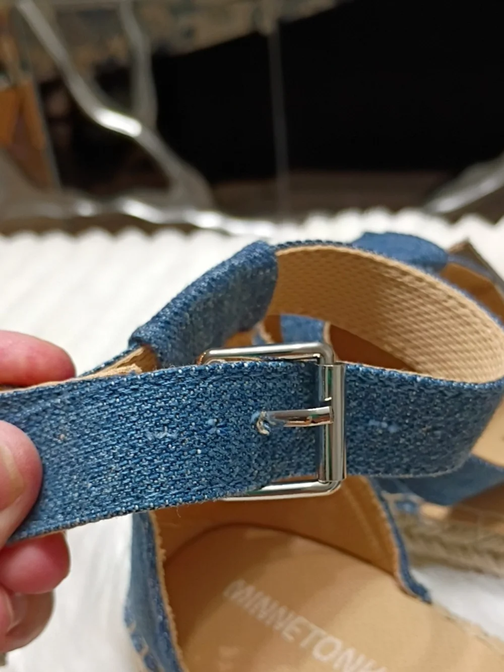 New W/Flaw Minnetonka Denim Blue Espadrille Sandals with Ankle Strap 8M